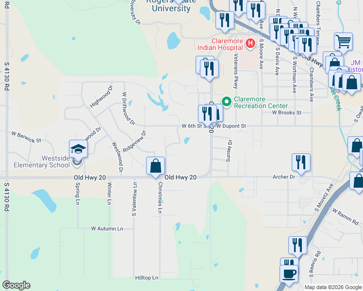 map of restaurants, bars, coffee shops, grocery stores, and more near 2002 Charlestown Circle in Claremore