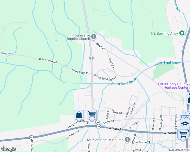 map of restaurants, bars, coffee shops, grocery stores, and more near 435 Tennessee 69 in Paris