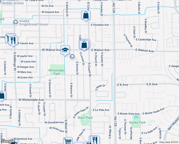 map of restaurants, bars, coffee shops, grocery stores, and more near 2405 South Court Street in Visalia