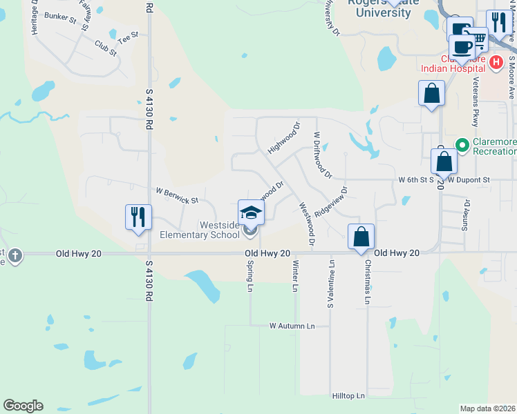map of restaurants, bars, coffee shops, grocery stores, and more near 2600 Holly Road in Claremore