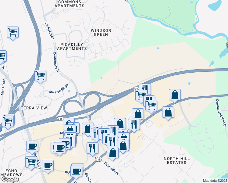 map of restaurants, bars, coffee shops, grocery stores, and more near 122 Liberty Lane in Nashville
