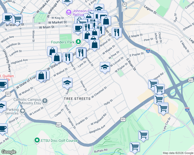 map of restaurants, bars, coffee shops, grocery stores, and more near 405 West Locust Street in Johnson City