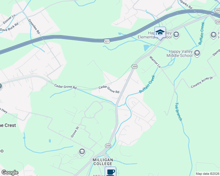 map of restaurants, bars, coffee shops, grocery stores, and more near 5 Cedar Grove Road in Johnson City