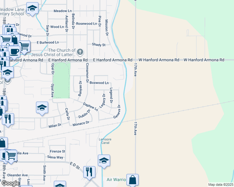 map of restaurants, bars, coffee shops, grocery stores, and more near 1071 Geneva Drive in Lemoore