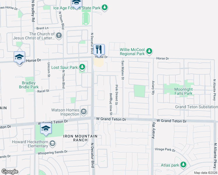 map of restaurants, bars, coffee shops, grocery stores, and more near 8220 RedBud Vine Street in North Las Vegas