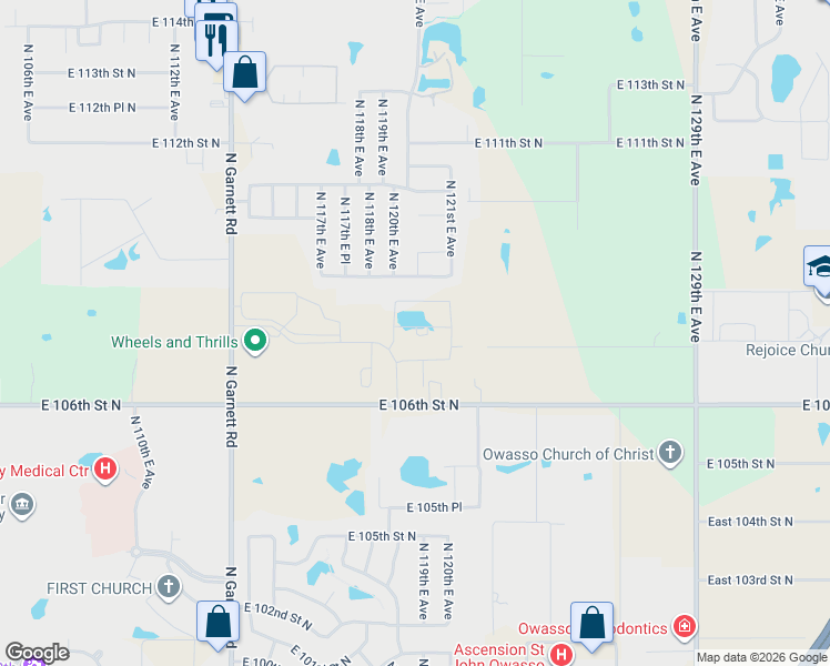map of restaurants, bars, coffee shops, grocery stores, and more near 11809 E 106th Street North in Owasso