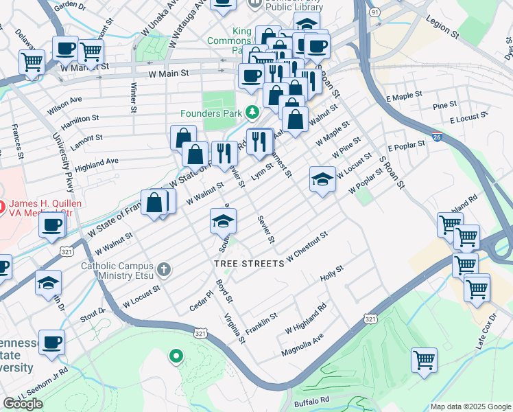 map of restaurants, bars, coffee shops, grocery stores, and more near 427 West Maple Street in Johnson City
