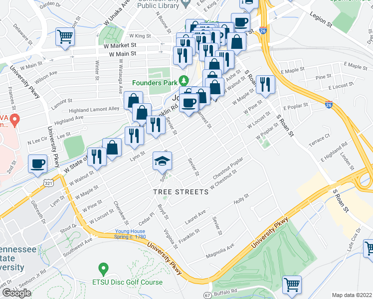 map of restaurants, bars, coffee shops, grocery stores, and more near 905 Sevier Street in Johnson City