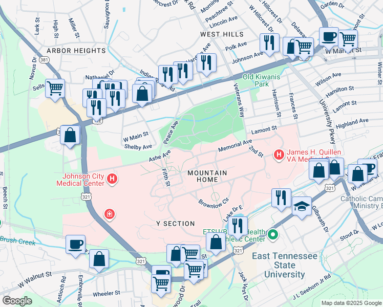 map of restaurants, bars, coffee shops, grocery stores, and more near in Johnson City