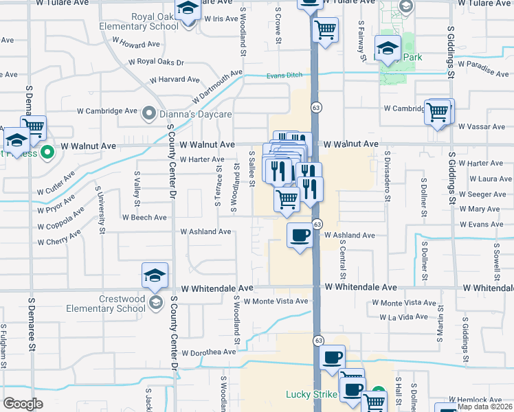 map of restaurants, bars, coffee shops, grocery stores, and more near 2236 South Sallee Street in Visalia