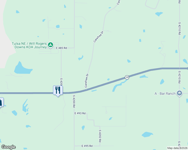 map of restaurants, bars, coffee shops, grocery stores, and more near 20935 Carefree Drive in Claremore