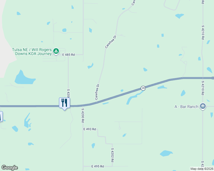 map of restaurants, bars, coffee shops, grocery stores, and more near 20935 Carefree Drive in Claremore