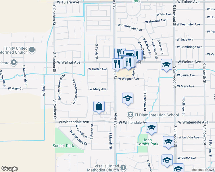 map of restaurants, bars, coffee shops, grocery stores, and more near 2222 South Maselli Street in Visalia