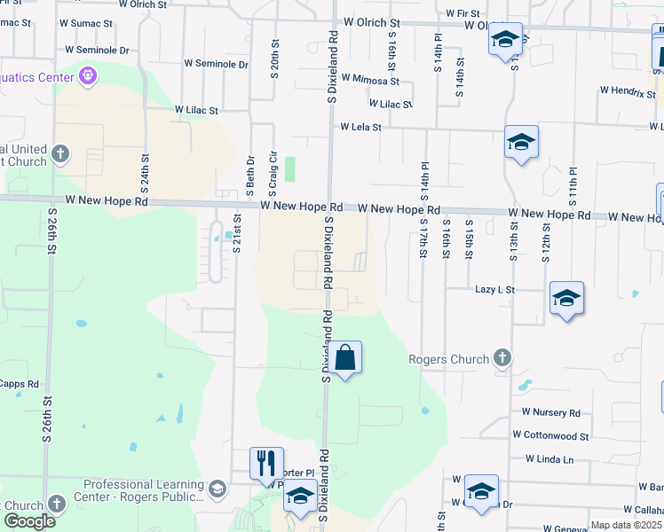 map of restaurants, bars, coffee shops, grocery stores, and more near 2002 South Dixieland Road in Rogers