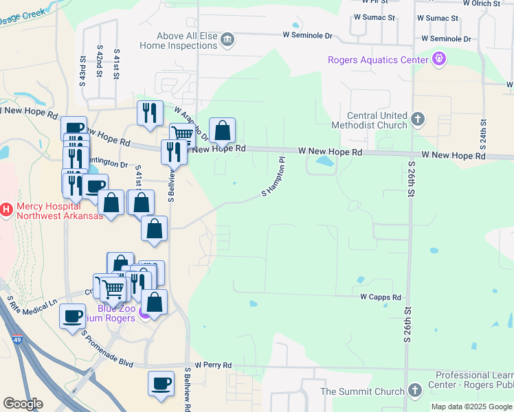 map of restaurants, bars, coffee shops, grocery stores, and more near 2000 South Hampton Place in Rogers