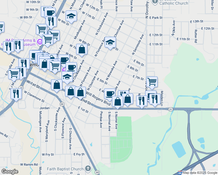 map of restaurants, bars, coffee shops, grocery stores, and more near 332 East 5th Street in Claremore
