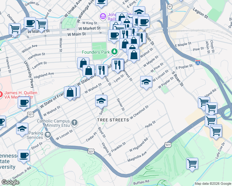 map of restaurants, bars, coffee shops, grocery stores, and more near 427 West Maple Street in Johnson City