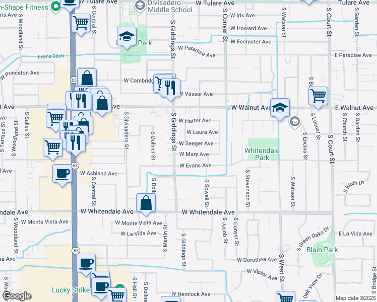 map of restaurants, bars, coffee shops, grocery stores, and more near 1136 West Seeger Avenue in Visalia