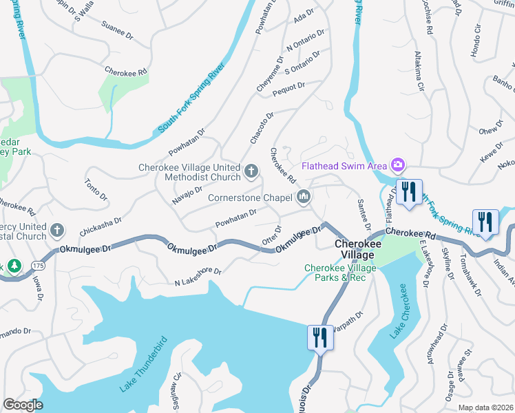 map of restaurants, bars, coffee shops, grocery stores, and more near 1 Powhatan Drive in Cherokee Village