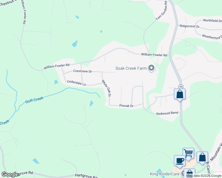 map of restaurants, bars, coffee shops, grocery stores, and more near 136 White Oak Drive in King