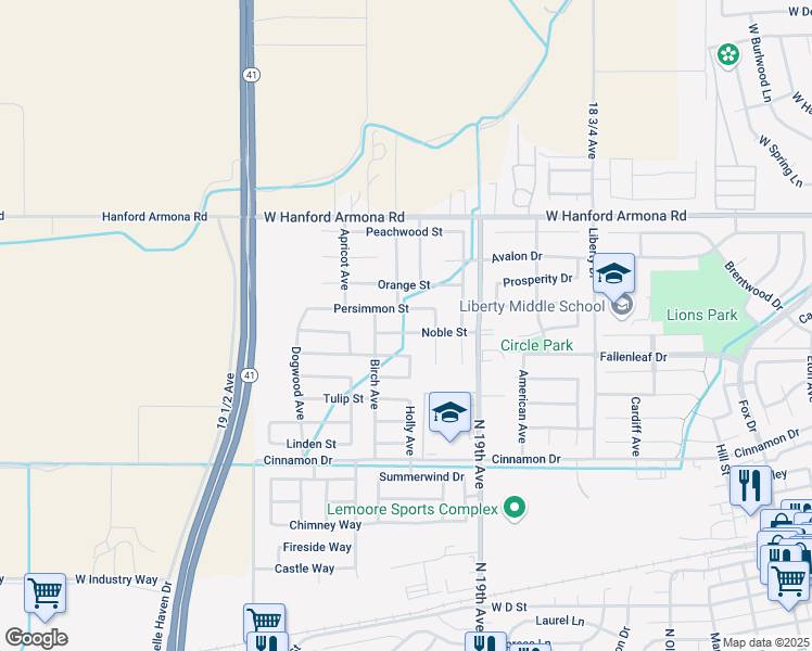 map of restaurants, bars, coffee shops, grocery stores, and more near 1436 Persimmon Street in Lemoore
