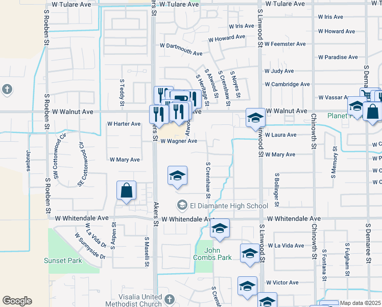 map of restaurants, bars, coffee shops, grocery stores, and more near 6332 West Mary Court in Visalia