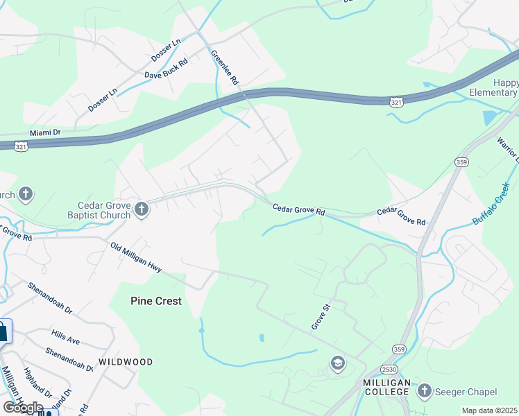 map of restaurants, bars, coffee shops, grocery stores, and more near 259 Cedar Grove Rd in Johnson City