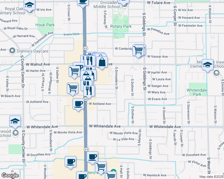 map of restaurants, bars, coffee shops, grocery stores, and more near in Visalia