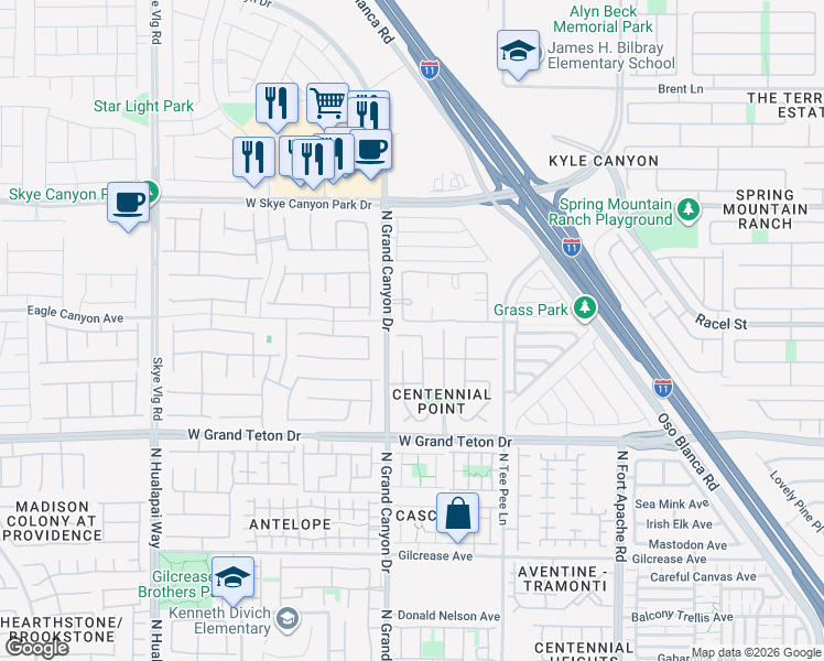 map of restaurants, bars, coffee shops, grocery stores, and more near 9536 Parker Springs Court in Las Vegas