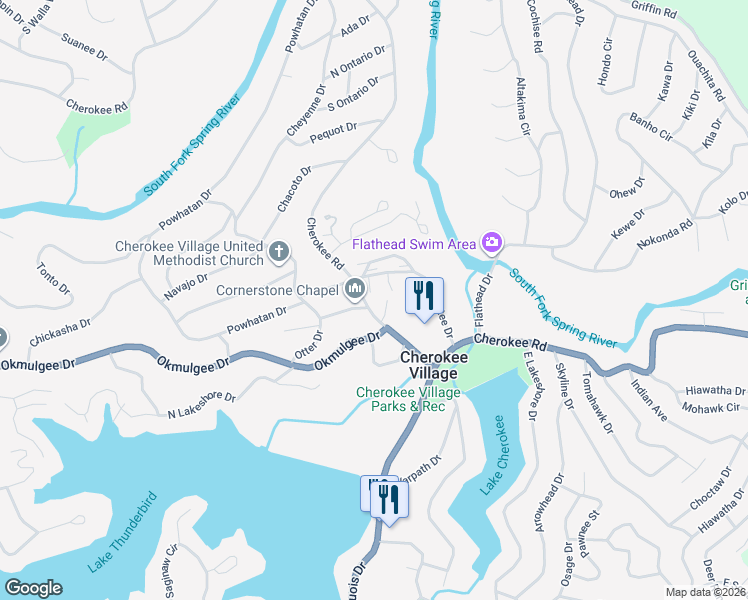 map of restaurants, bars, coffee shops, grocery stores, and more near 13 Many Moons Trce in Cherokee Village