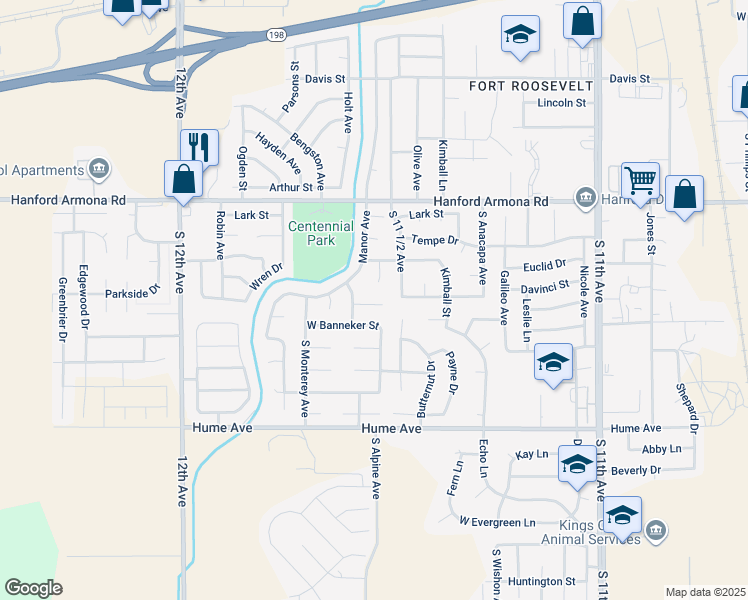 map of restaurants, bars, coffee shops, grocery stores, and more near 1320 Pasteru Court in Hanford