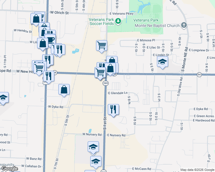 map of restaurants, bars, coffee shops, grocery stores, and more near 1900 South 1st Street in Rogers