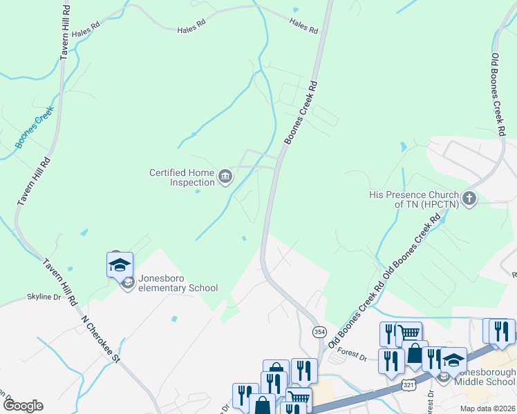 map of restaurants, bars, coffee shops, grocery stores, and more near 1071 Boones Creek Road in Jonesborough