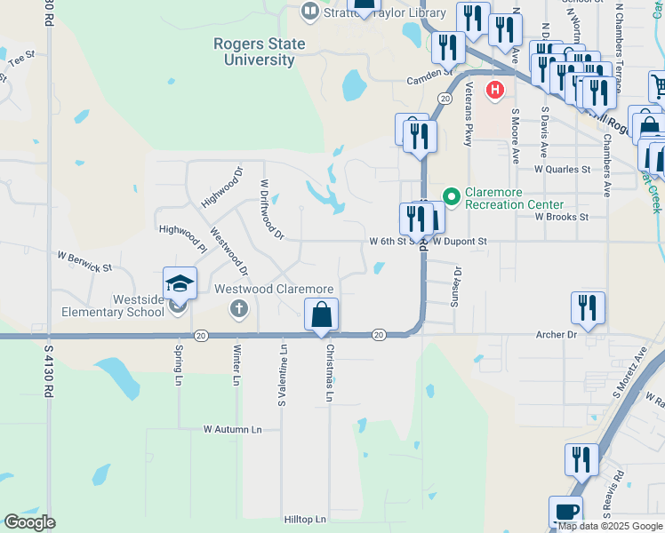 map of restaurants, bars, coffee shops, grocery stores, and more near 637 Earthside Circle in Claremore