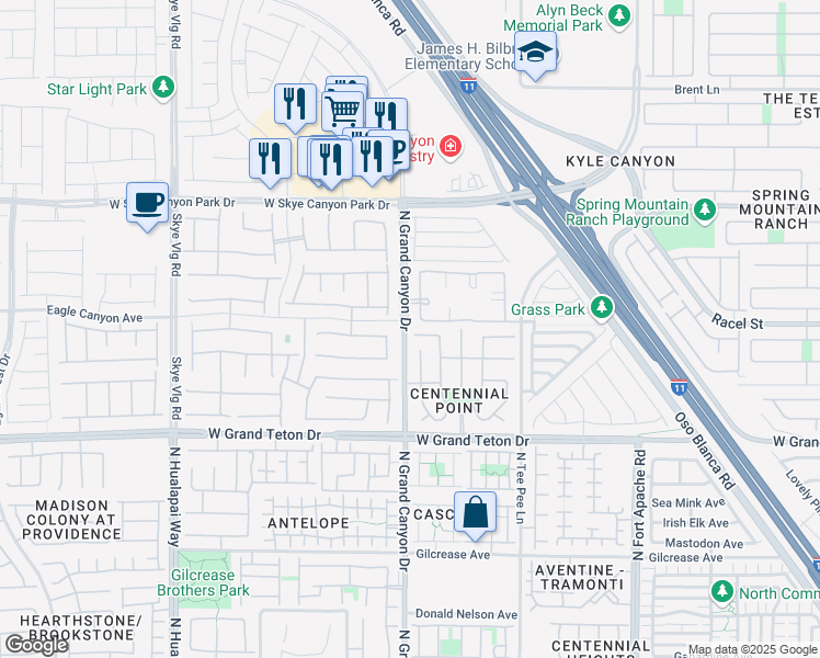 map of restaurants, bars, coffee shops, grocery stores, and more near 9560 Parker Springs Court in Las Vegas