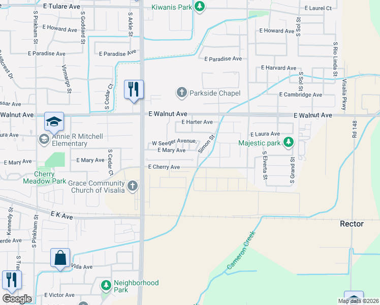 map of restaurants, bars, coffee shops, grocery stores, and more near North Crumal Court in Visalia