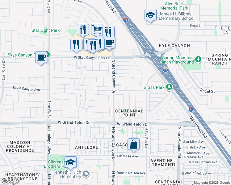 map of restaurants, bars, coffee shops, grocery stores, and more near 9560 Parker Springs Court in Las Vegas