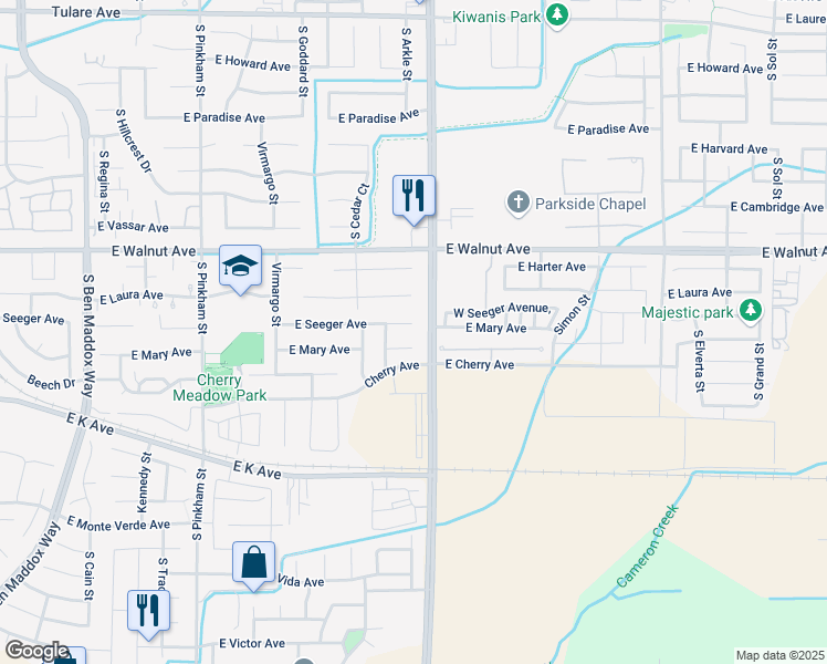 map of restaurants, bars, coffee shops, grocery stores, and more near 2740 East Seeger Avenue in Visalia