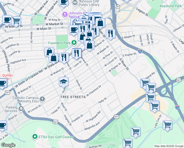 map of restaurants, bars, coffee shops, grocery stores, and more near 1004 Earnest Street in Johnson City
