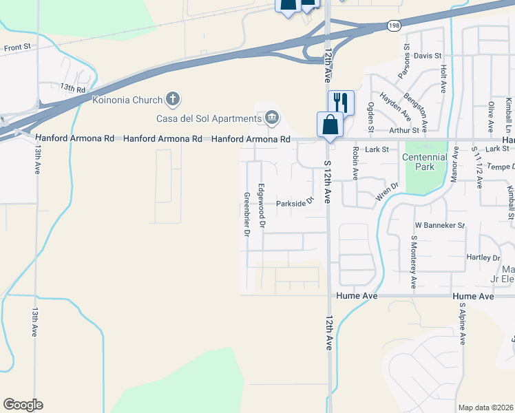 map of restaurants, bars, coffee shops, grocery stores, and more near 1185 Greenfield Avenue in Hanford