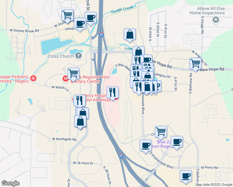 map of restaurants, bars, coffee shops, grocery stores, and more near 2708 South Rife Medical Lane in Rogers