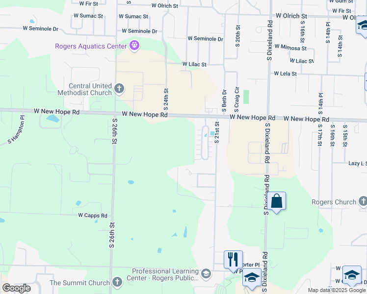 map of restaurants, bars, coffee shops, grocery stores, and more near 2206 West New Hope Road in Rogers