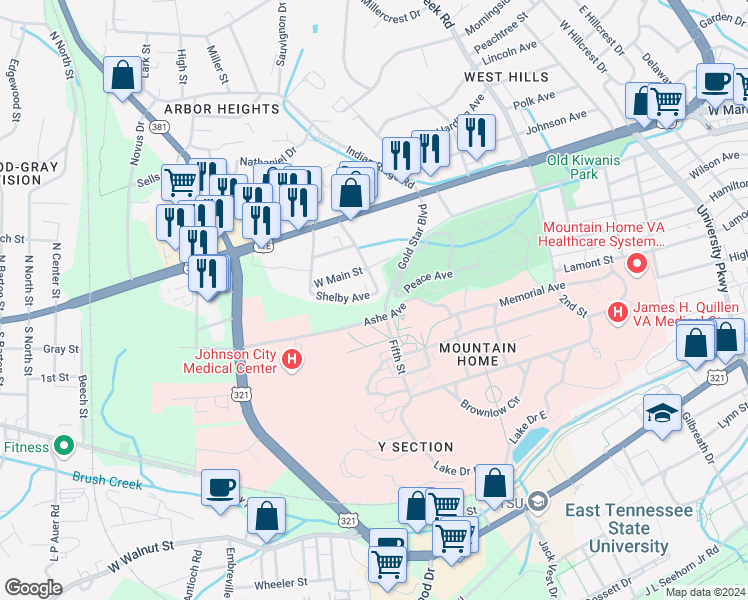 map of restaurants, bars, coffee shops, grocery stores, and more near 1201 Shelby Street in Johnson City