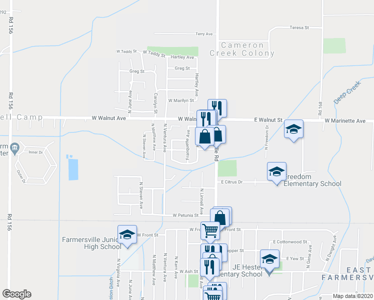map of restaurants, bars, coffee shops, grocery stores, and more near Franquette Avenue & West Ashley Street in Farmersville