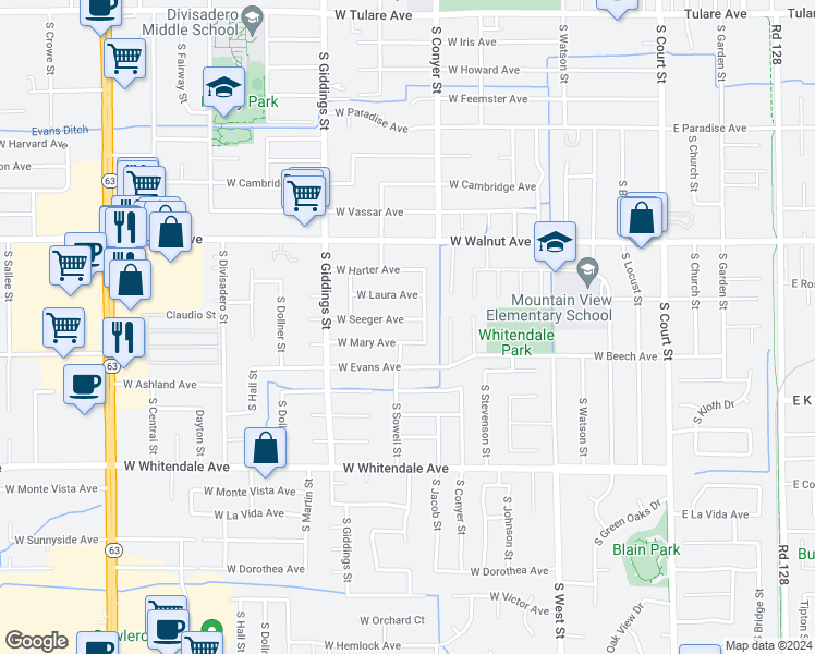 map of restaurants, bars, coffee shops, grocery stores, and more near 1007 West Seeger Avenue in Visalia