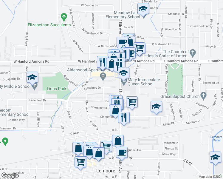 map of restaurants, bars, coffee shops, grocery stores, and more near 85 Cantebury Drive in Lemoore