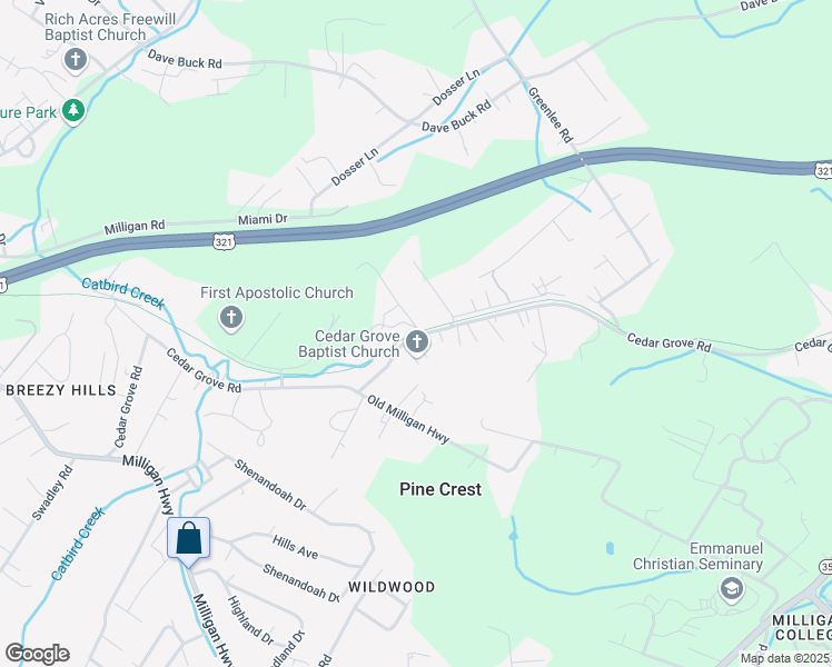 map of restaurants, bars, coffee shops, grocery stores, and more near 115 Cedar Grove Road in Johnson City