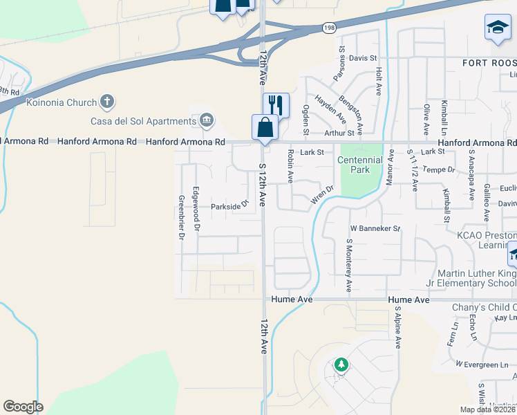 map of restaurants, bars, coffee shops, grocery stores, and more near 1200-1206 South 12th Avenue in Hanford