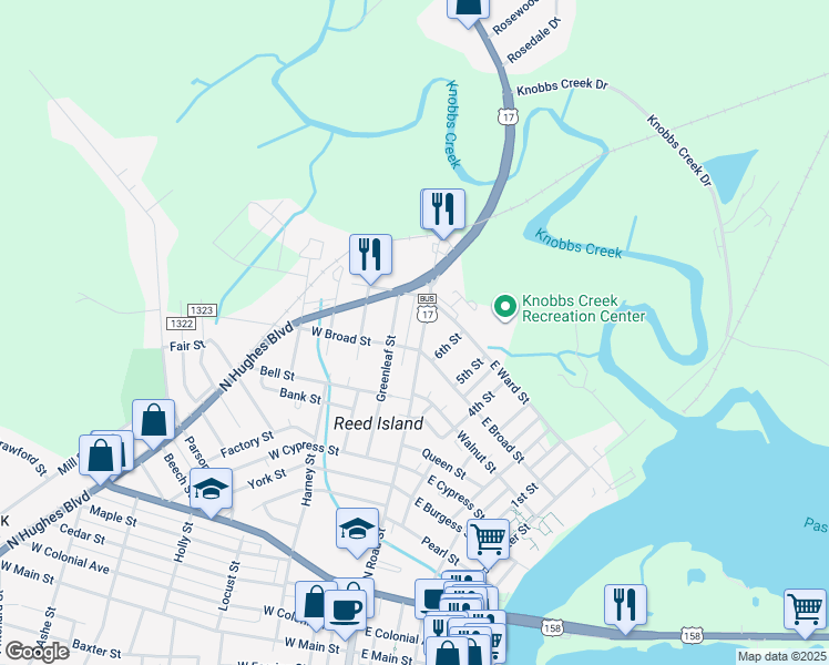 map of restaurants, bars, coffee shops, grocery stores, and more near 911 North Road Street in Elizabeth City
