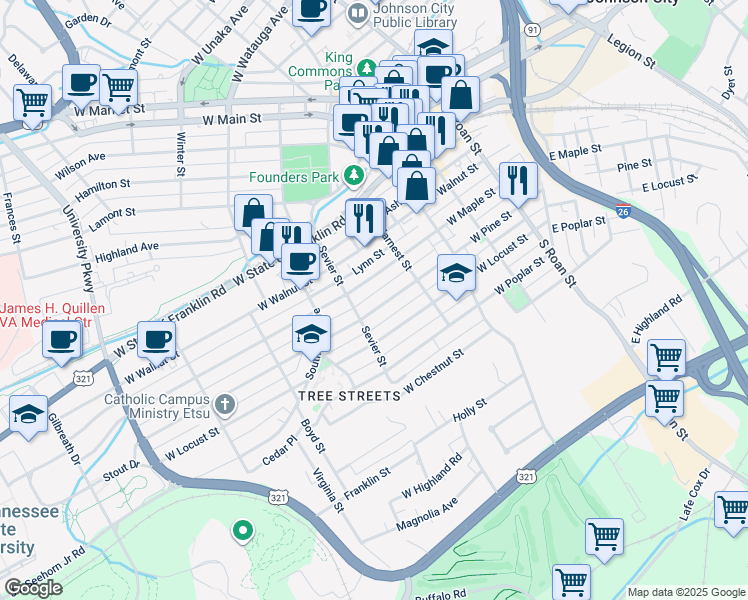 map of restaurants, bars, coffee shops, grocery stores, and more near 414 West Pine Street in Johnson City